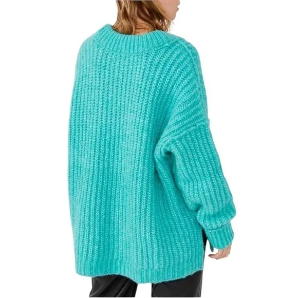 Free People slouchy sweater Knitted Blue Bell V Neck Pullover medium oversized - Picture 8 of 16